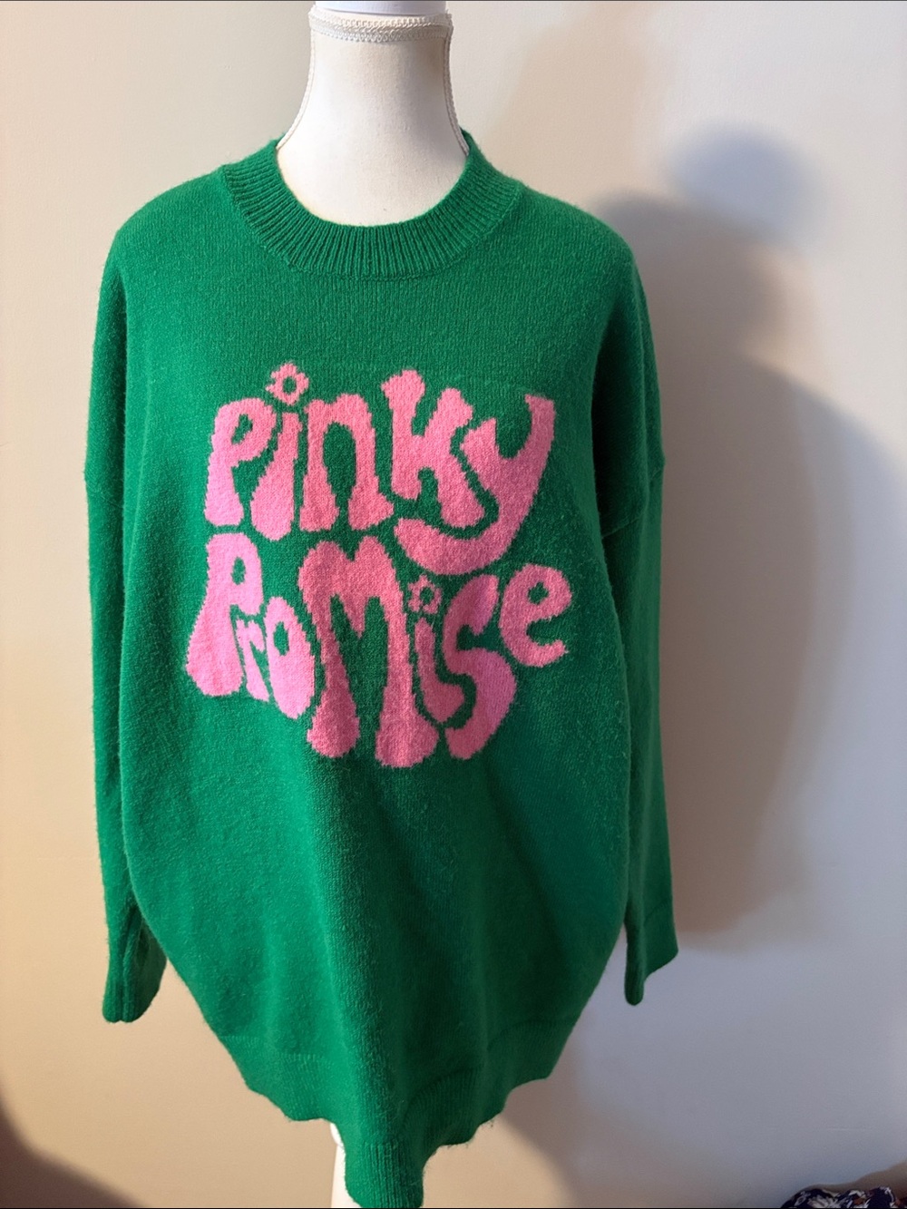 Motel Rocks Green Crewneck Sweater with Pink 'Pinky Promise' Graphic. Size S/M